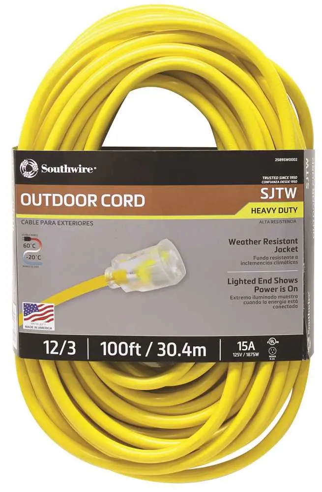 12/3 Yellow Lighted-End Outdoor Sjtw Extension Cord – 100 Ft. 1