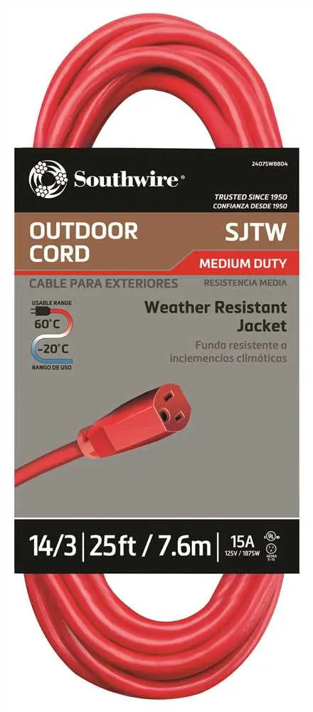 14/3 Sjtw Vinyl Outdoor Extension Cord – 25 Feet, Red 1