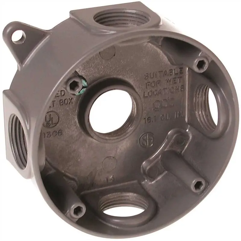 Hubbell 4" Round Gray Weatherproof Splice Box — Five 3/4" Outlets 1