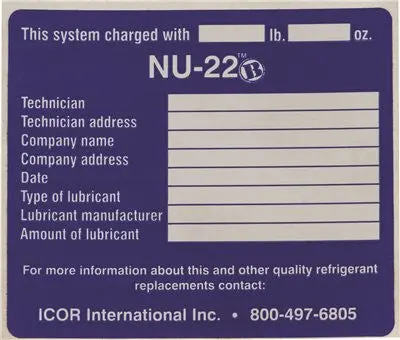 Icor Nu-22B™ Refrigerant System Identification Labels – Pack Of 10 1